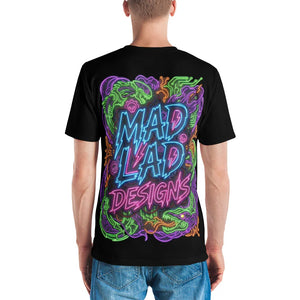 Back view of man wearing black t-shirt with vibrant neon Mad Lad Designs psychedelic artwork