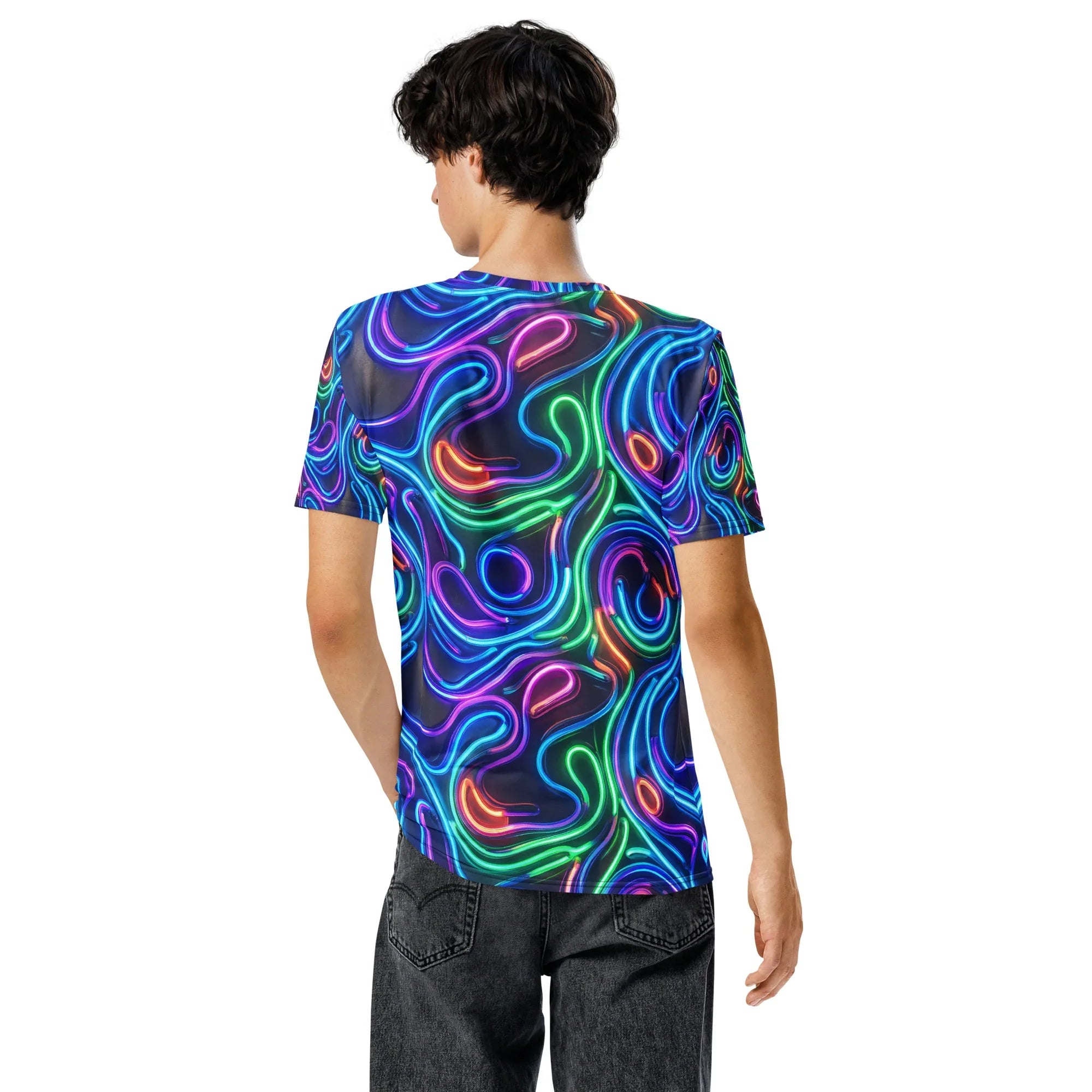 Back view of man wearing vibrant psychedelic all-over print neon design crew neck t-shirt