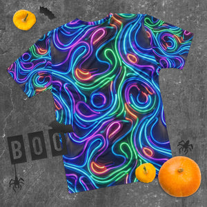 All over print men's crew neck t-shirt with vibrant neon psychedelic pattern on dark background, Halloween decor