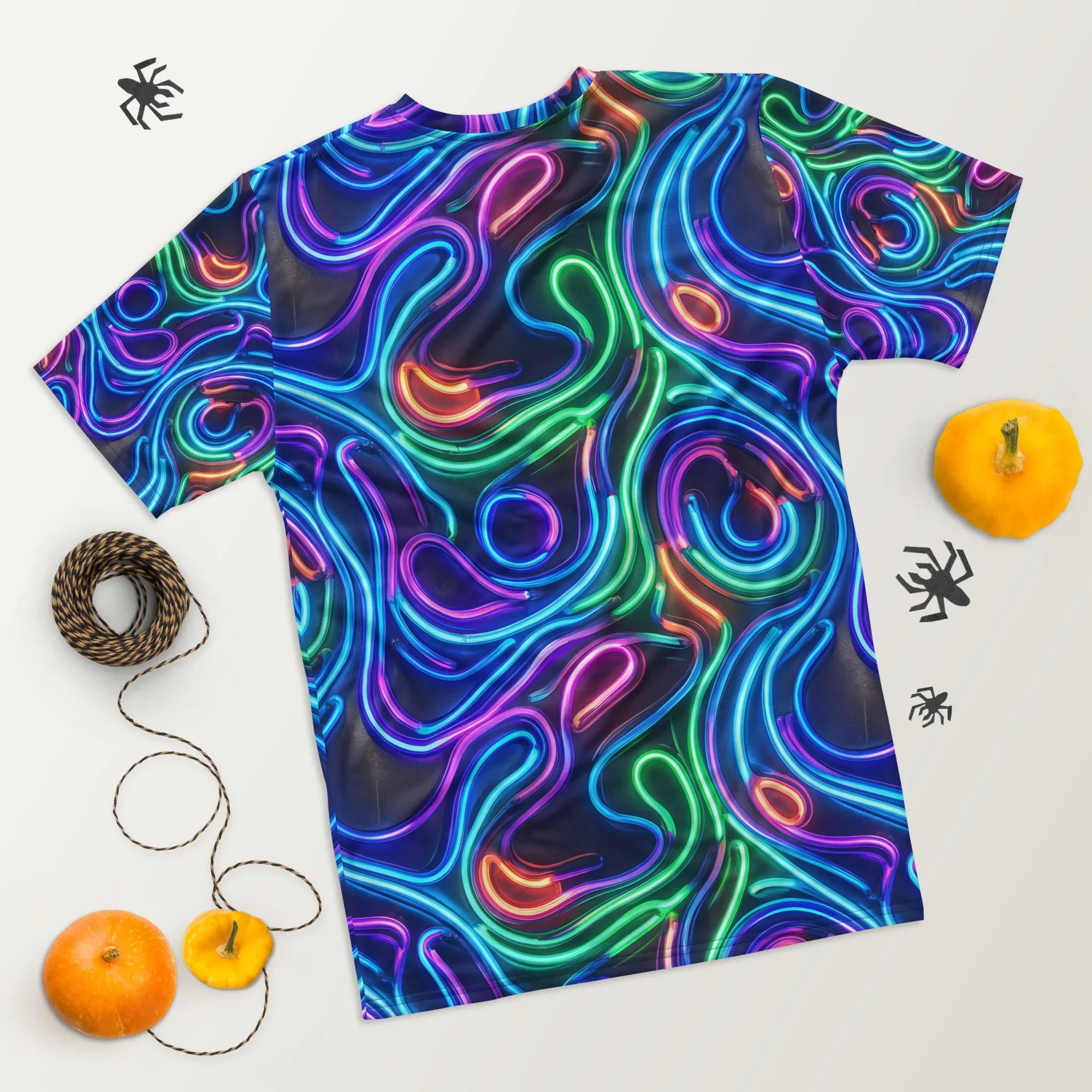 Men's crew neck t-shirt with vibrant neon psychedelic all-over print in blue, green, and purple tones
