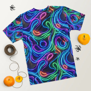 Men's crew neck t-shirt with vibrant neon psychedelic all-over print in blue, green, and purple tones