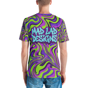 Man wearing psychedelic neon swirl t-shirt with Mad Lad Designs logo on back