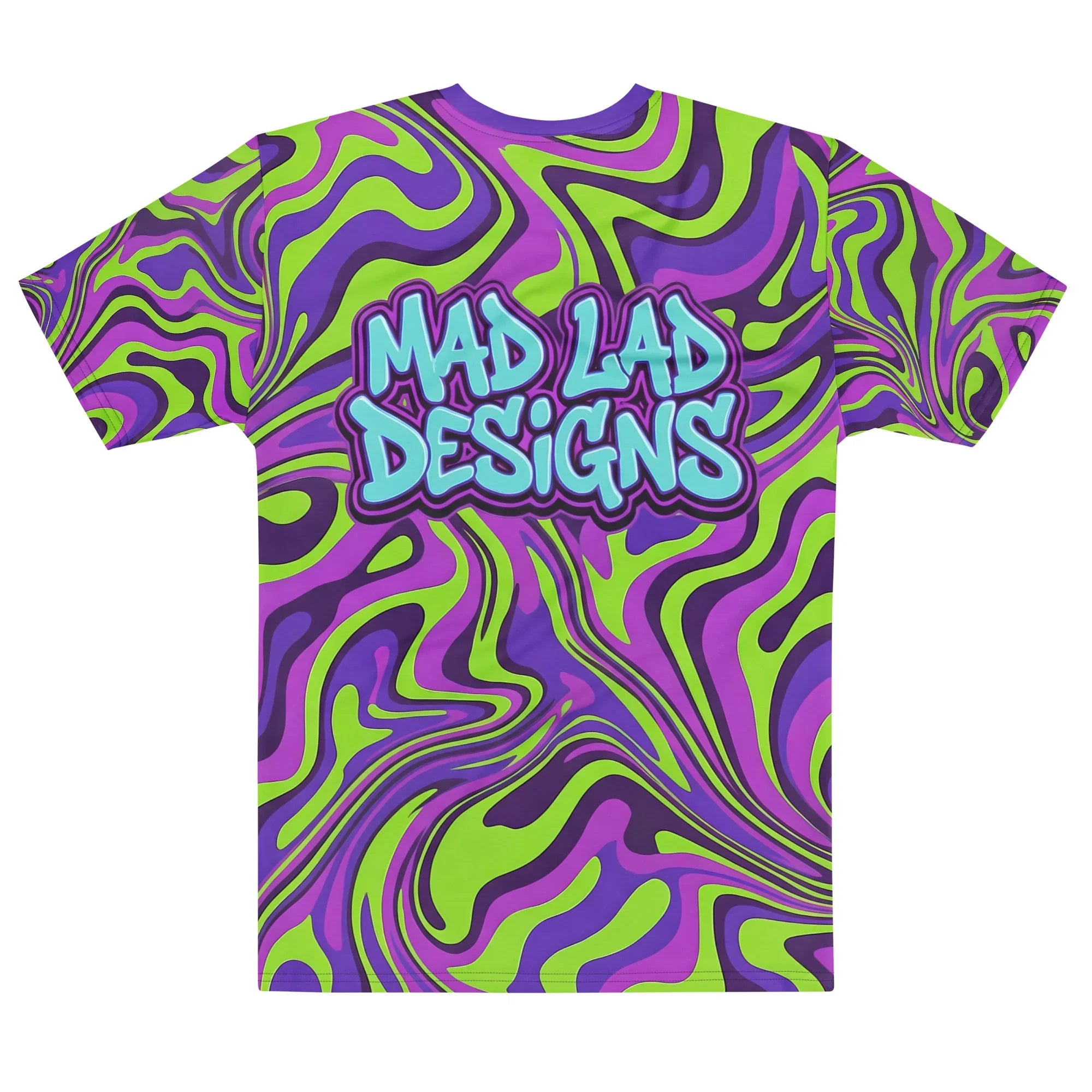 Psychedelic neon green and purple Mad Lad Designs men's t-shirt with bold graffiti logo