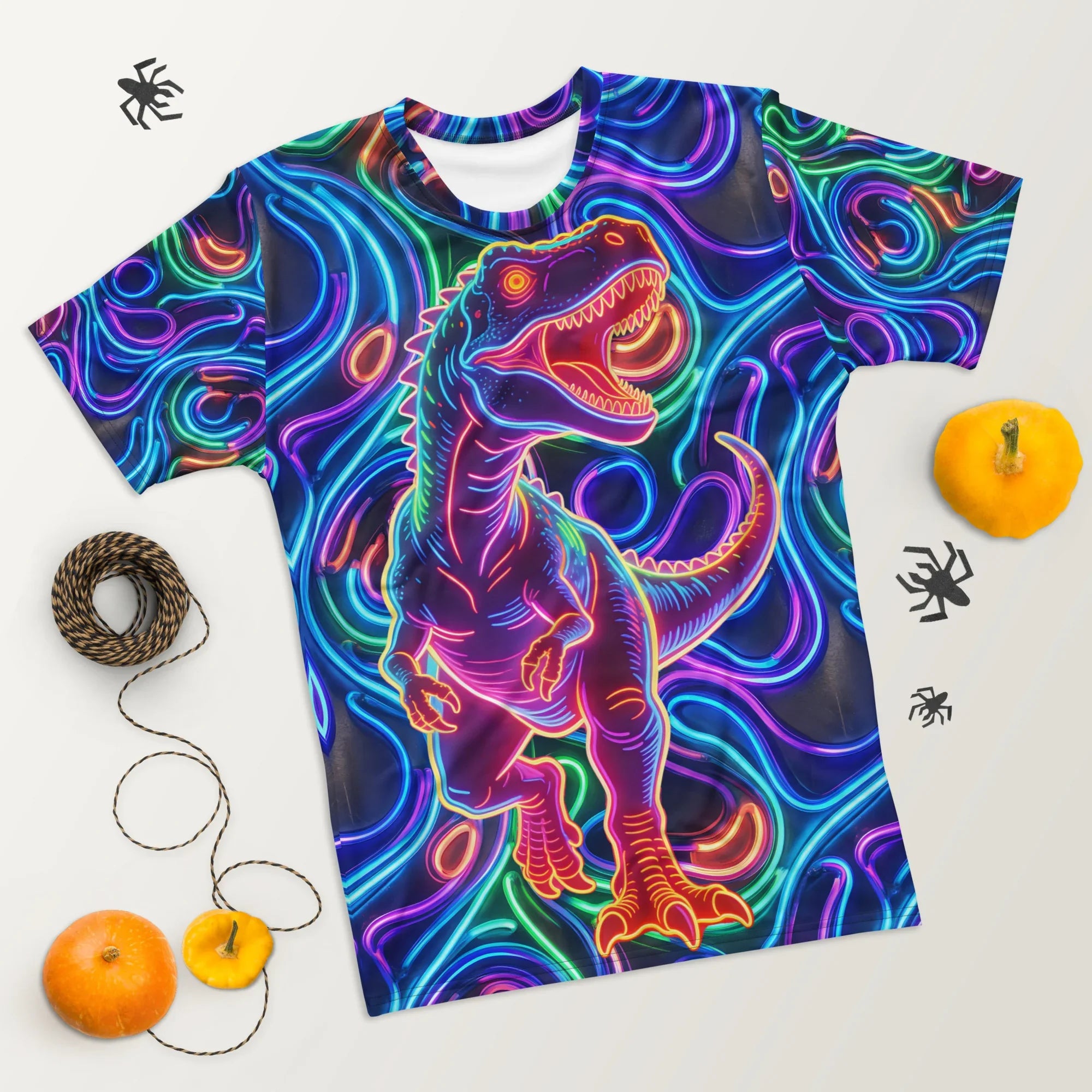 Men's all-over print crew neck t-shirt with neon glowing dinosaur and psychedelic swirl design