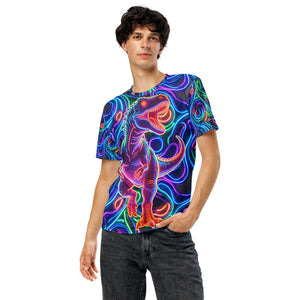 Man wearing vibrant psychedelic all-over print T-shirt featuring neon dinosaur design and swirling patterns