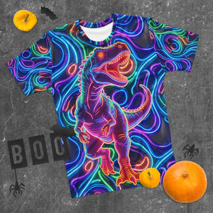 Men's crew neck t-shirt with vibrant neon psychedelic dinosaur design on black background, styled with Halloween pumpkins and decorations