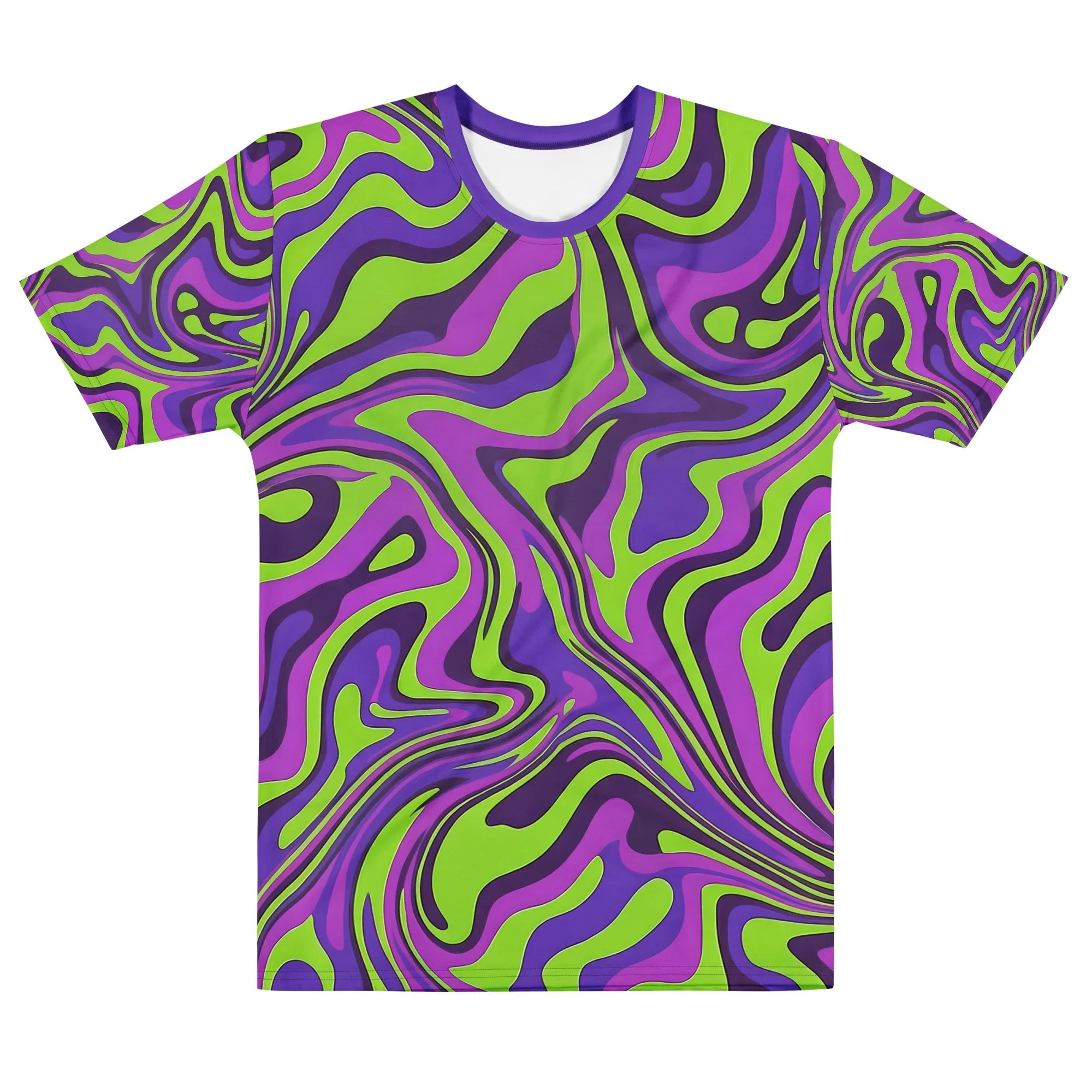 Men’s crew neck t-shirt with vibrant neon green, purple, and black psychedelic swirl design