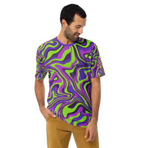 Man wearing vibrant psychedelic neon green and purple Mad Lad Designs t-shirt