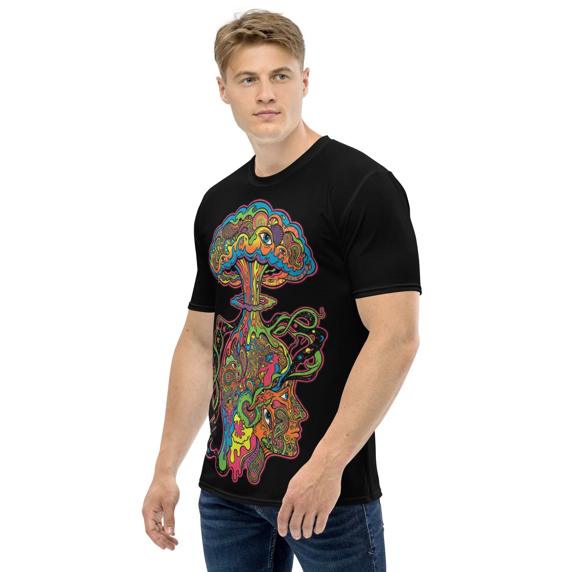Man wearing black crew neck t-shirt with colorful psychedelic mushroom and face art design