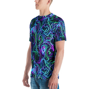 Man wearing neon psychedelic all-over print crew neck t-shirt with vibrant blue, green, and purple swirls