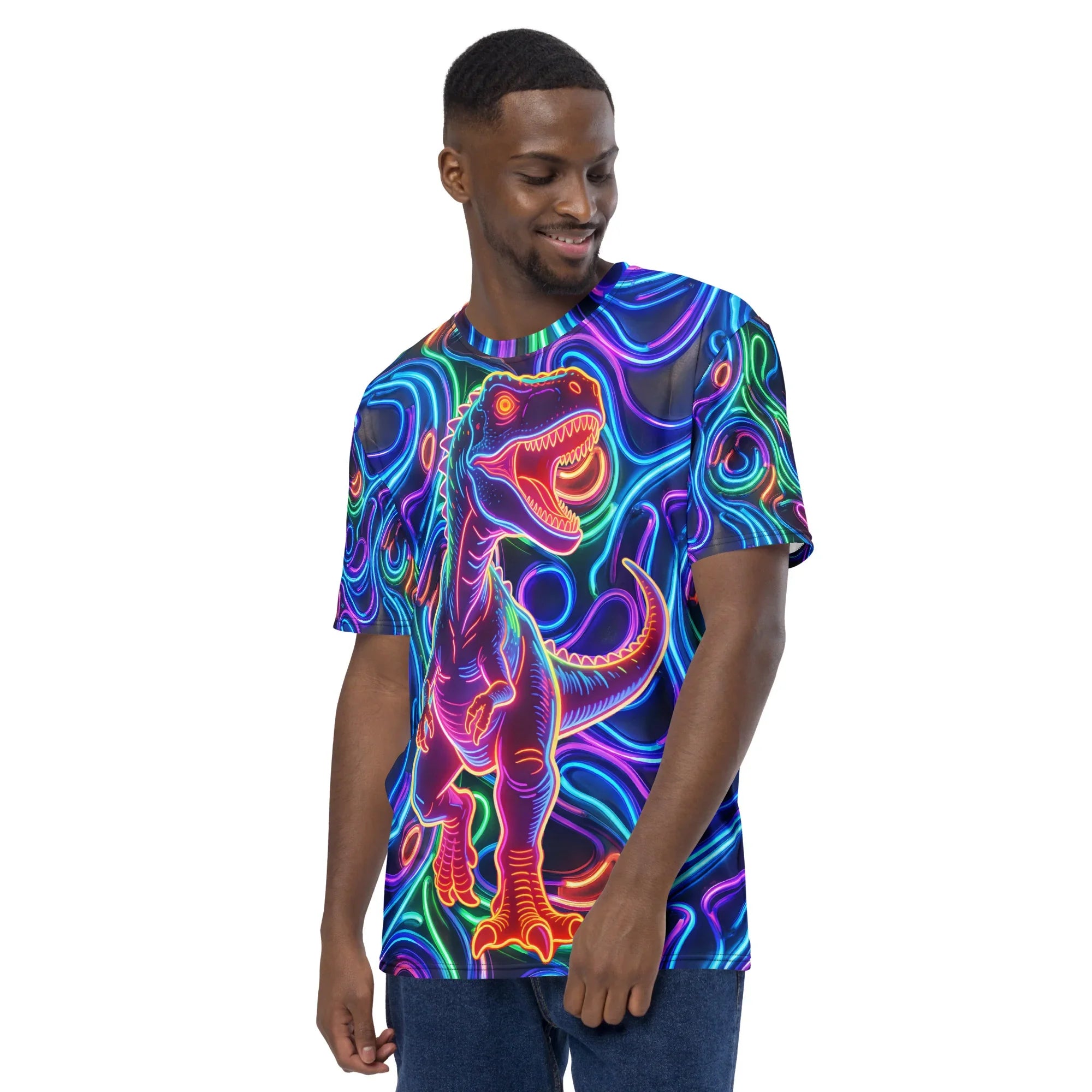 Man wearing vibrant neon psychedelic all-over print t-shirt with glowing dinosaur design