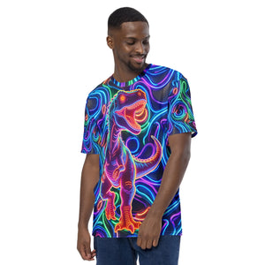 Man wearing vibrant neon psychedelic all-over print t-shirt with glowing dinosaur design