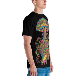 Man wearing black crew neck t-shirt with vibrant psychedelic mushroom explosion graphic in neon colors