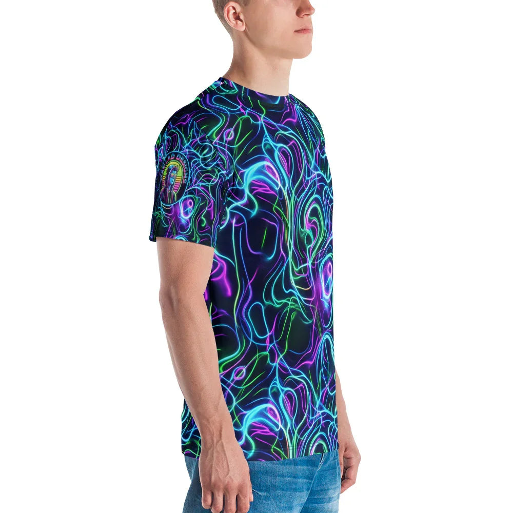 Side view of a man wearing a vibrant all-over print neon psychedelic men's crew neck t-shirt
