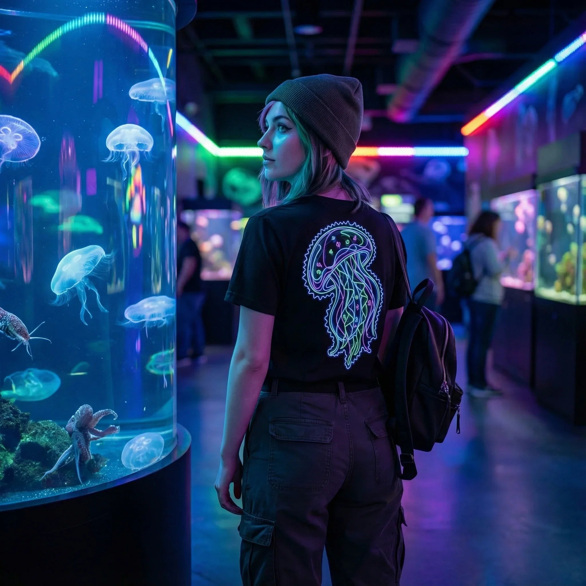Person wearing black psychedelic jellyfish t-shirt and beanie in neon-lit aquarium with jellyfish tanks