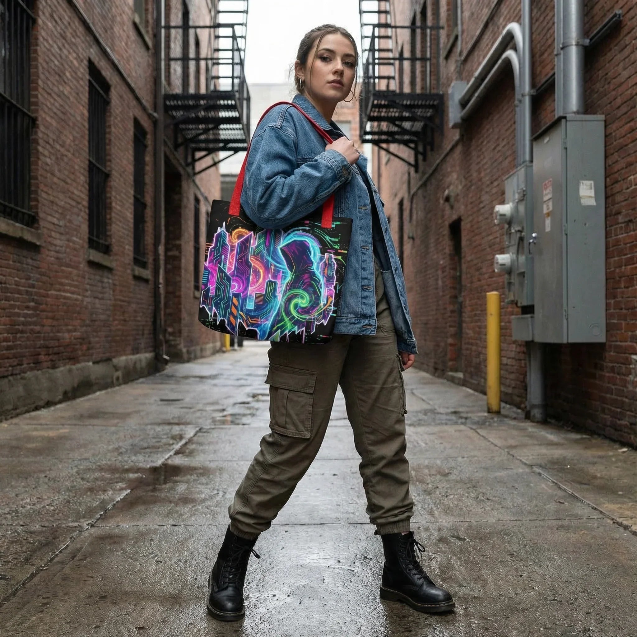 Woman in denim jacket holding neon psychedelic art tote bag by Mad Lad Designs in urban alley