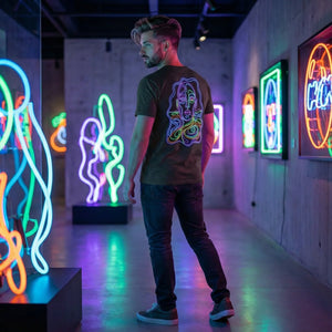 Man wearing dark t-shirt with colorful psychedelic face design standing in neon light art gallery