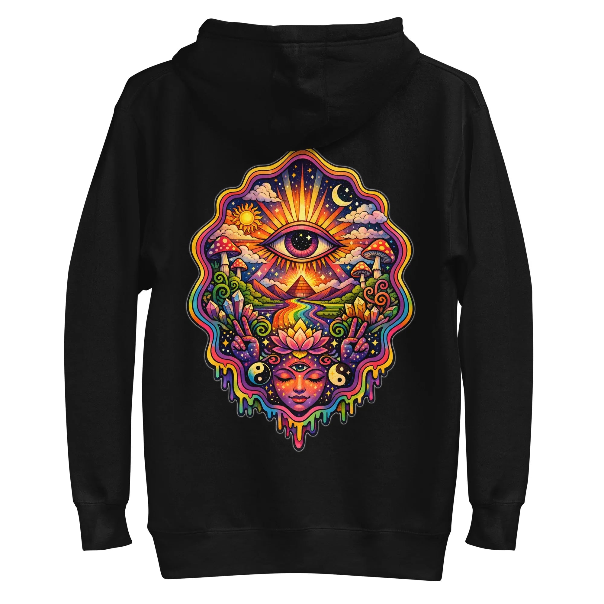 Black unisex pullover hoodie with vibrant psychedelic art of third eye face, sun, moon, mushrooms, crystals, and lotus flower