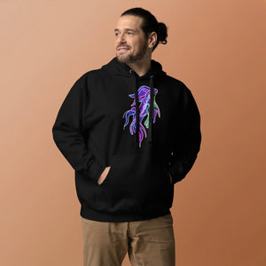 Man wearing black premium pullover hoodie with colorful psychedelic octopus design, neutral brown background