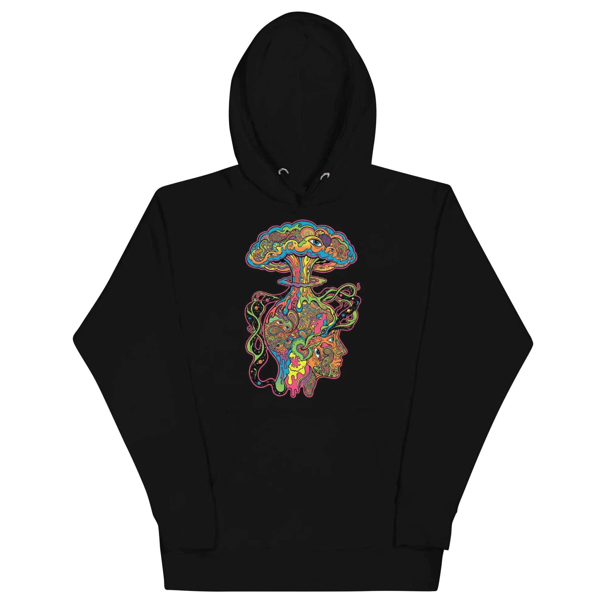 Black unisex premium pullover hoodie with colorful psychedelic mushroom cloud and face art design