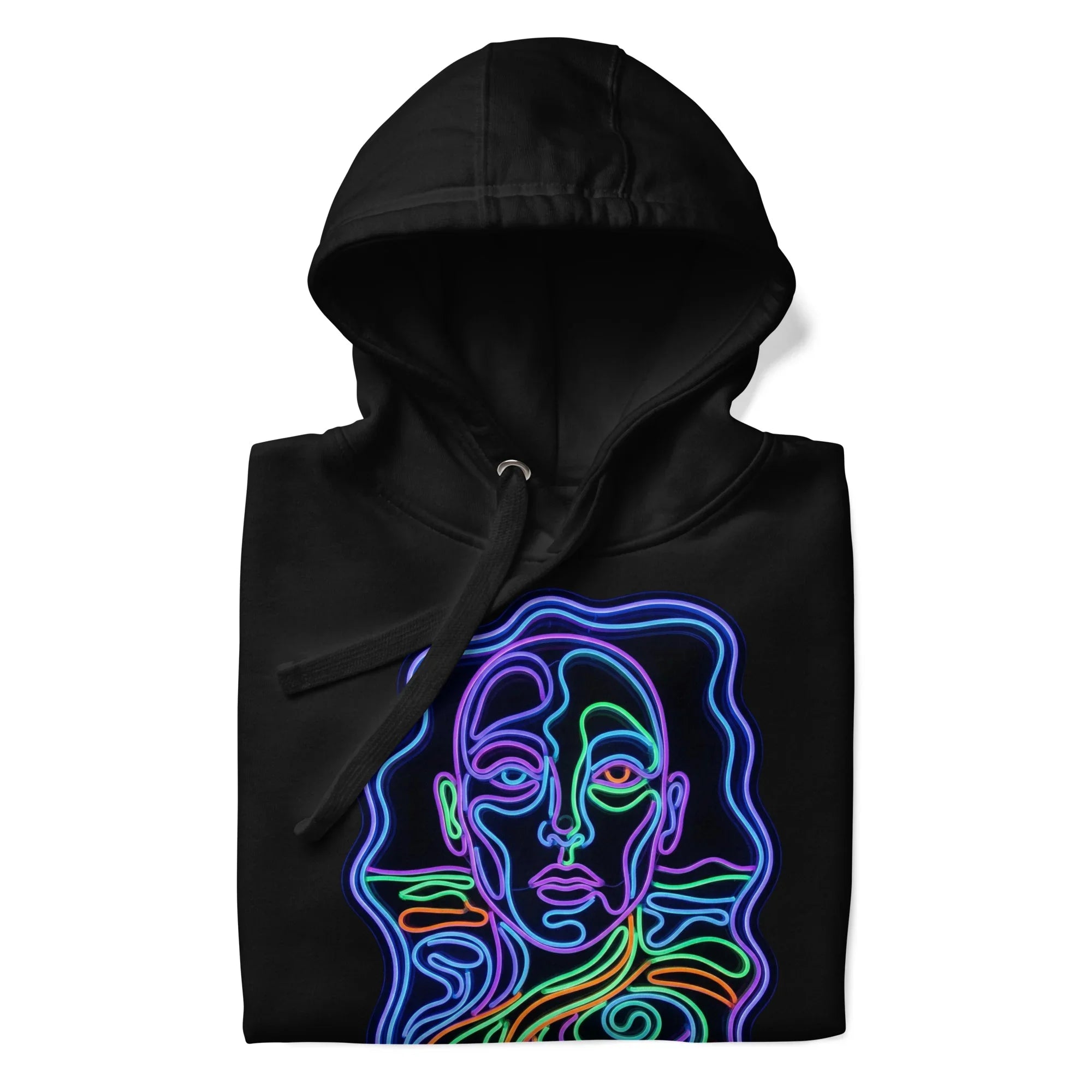 Black unisex premium pullover hoodie with vibrant neon line art of a psychedelic abstract face design