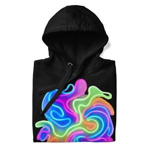 Black unisex premium pullover hoodie with vibrant neon psychedelic swirl design in blue, pink, green, and orange