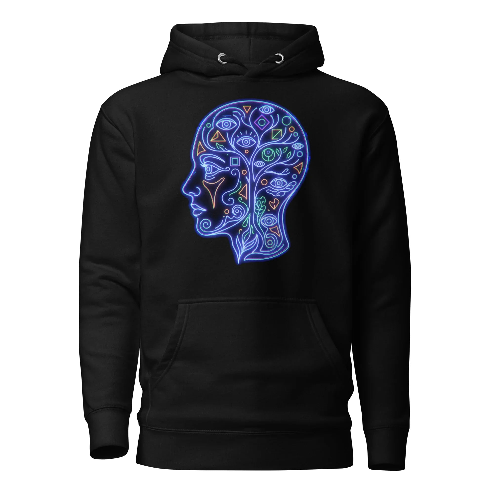 Black unisex premium pullover hoodie with neon psychedelic human head graphic featuring abstract eyes and shapes
