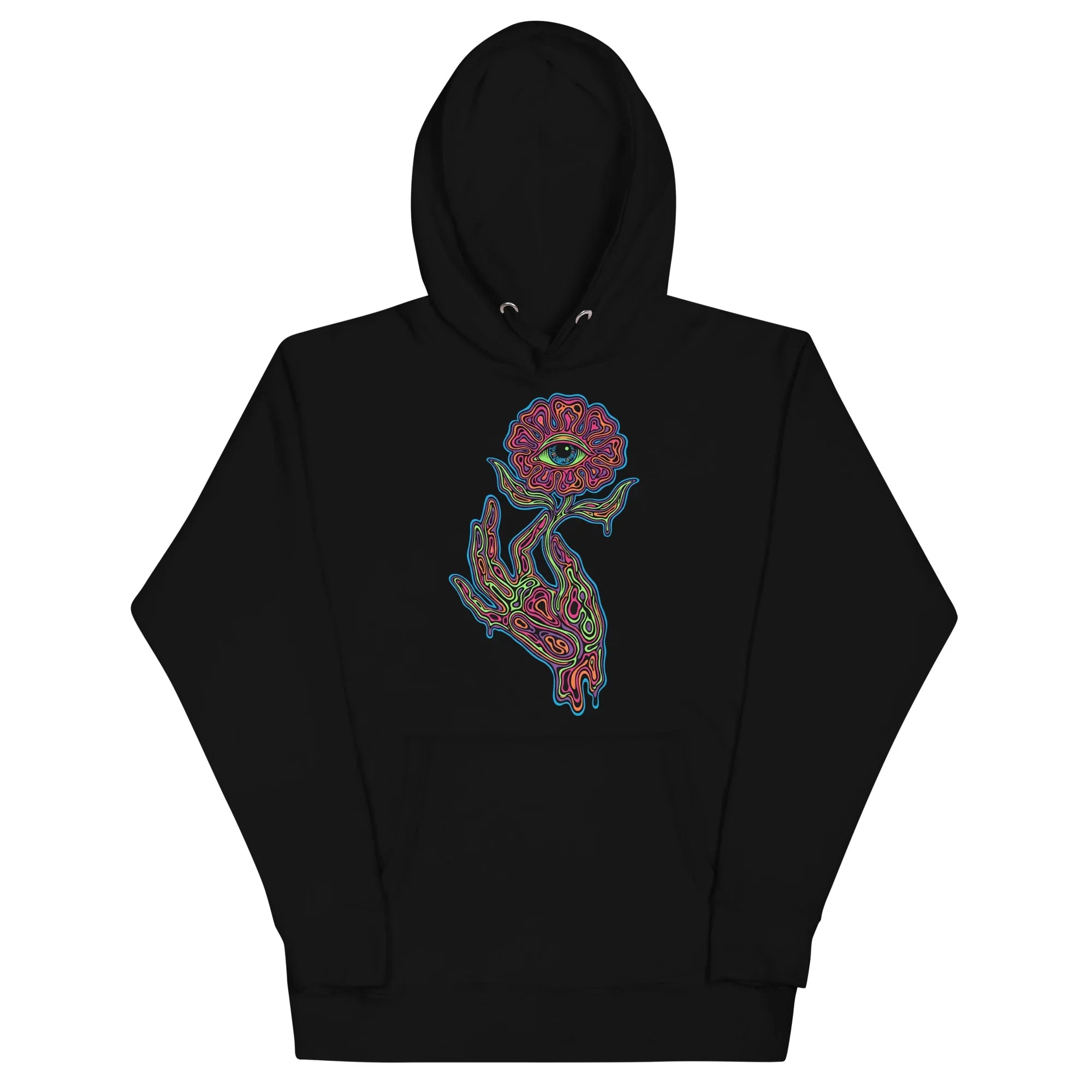 Black unisex pullover hoodie with vibrant psychedelic design of a multicolored hand holding a flower with an eye