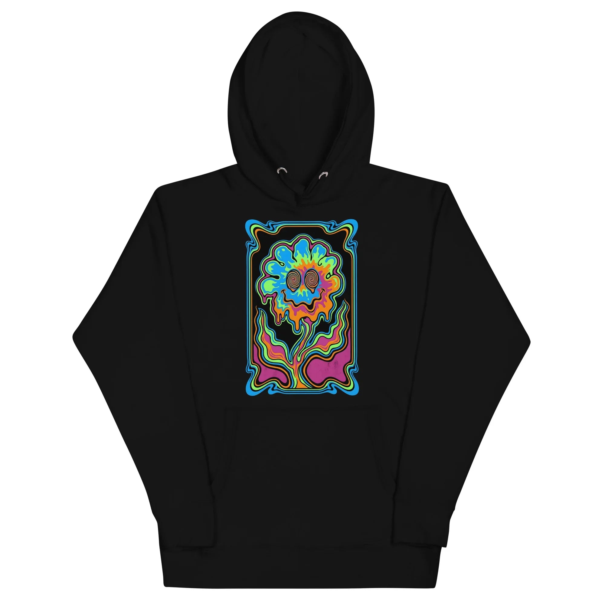Black unisex hoodie with vibrant psychedelic melting flower design featuring bright neon colors and spiral eyes