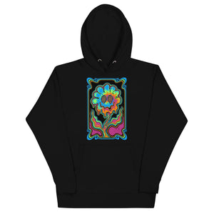Black unisex hoodie with vibrant psychedelic melting flower design featuring bright neon colors and spiral eyes