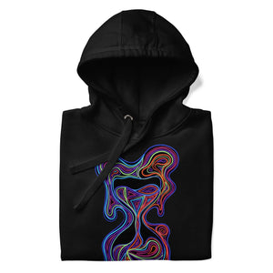 Black unisex premium pullover hoodie with colorful psychedelic neon hourglass design