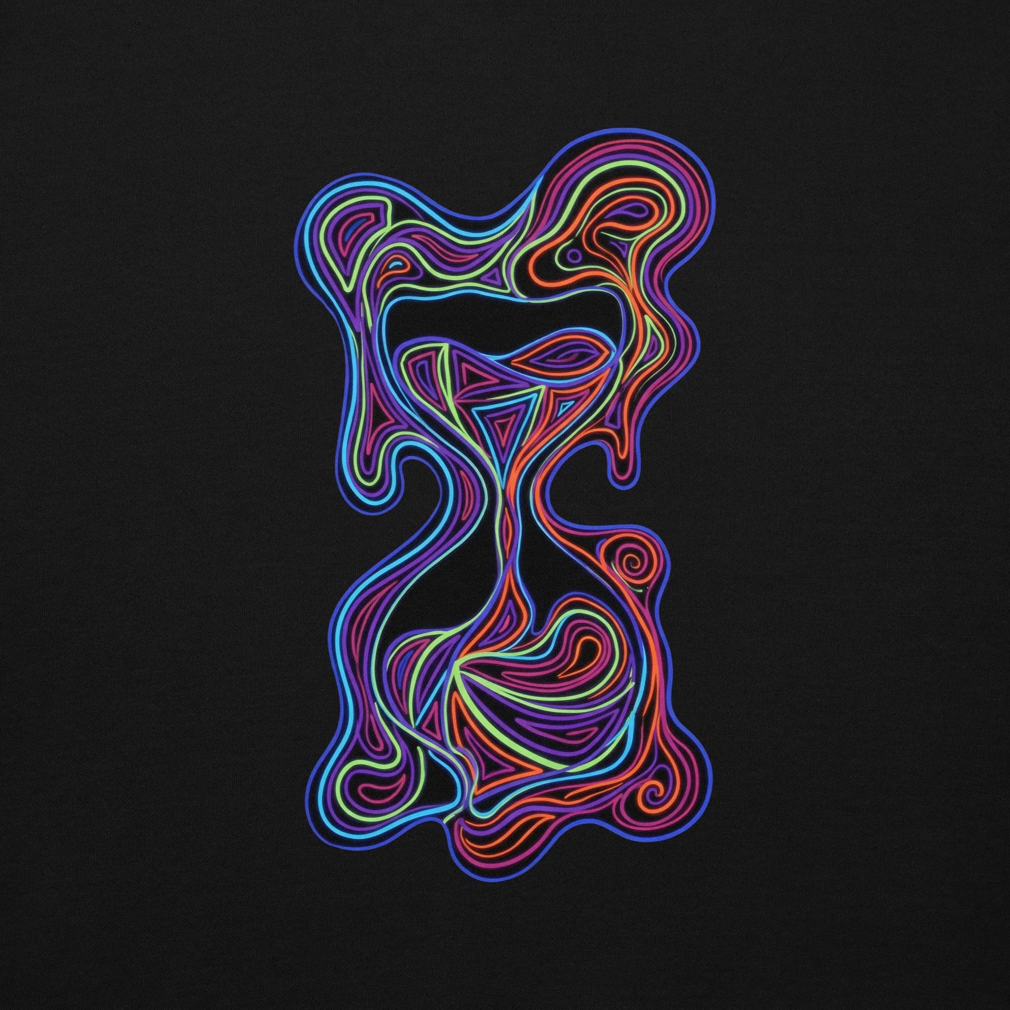 Black hoodie with vibrant neon psychedelic hourglass design in bright swirling blue, purple, green, red and orange lines