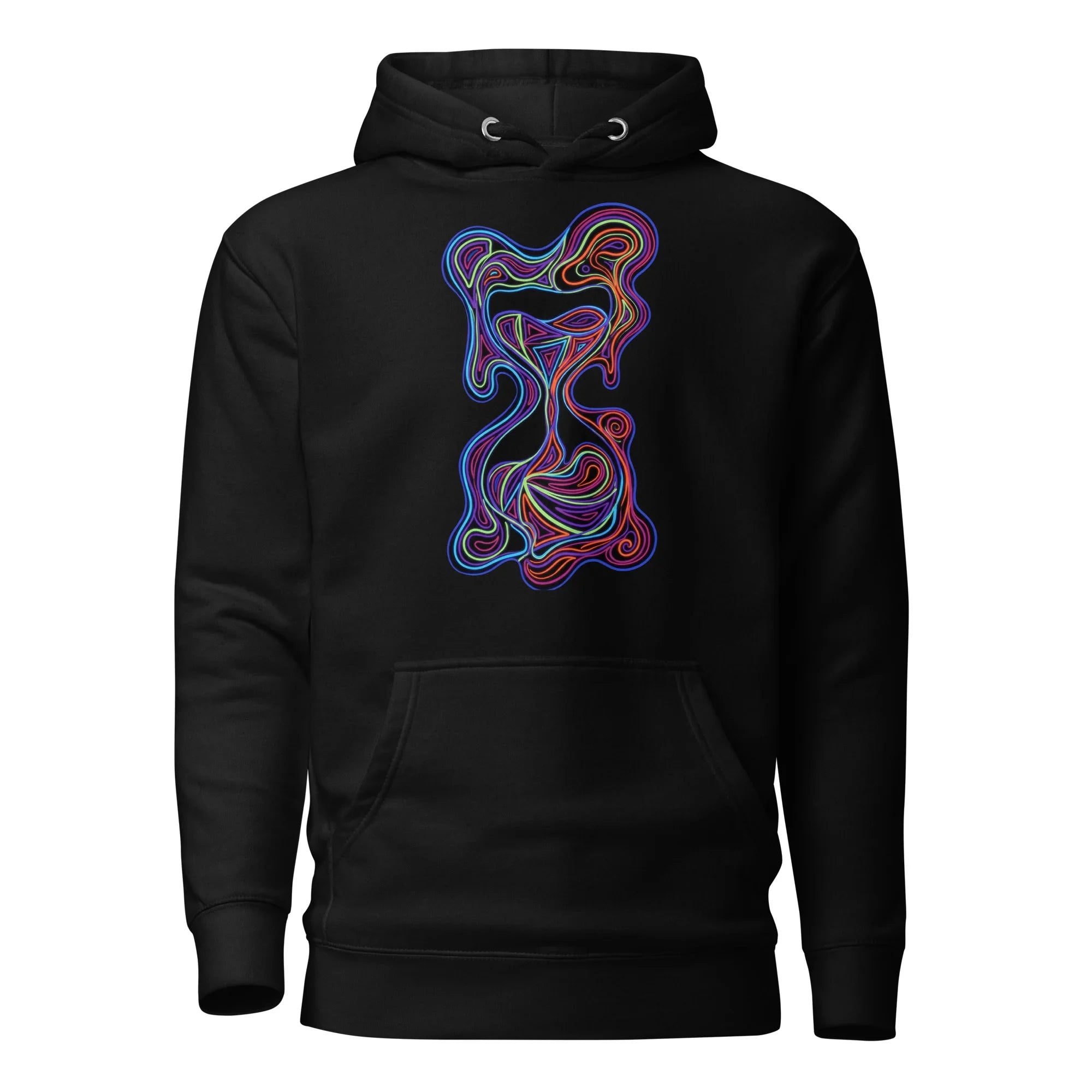 Black unisex premium pullover hoodie with vibrant neon psychedelic abstract hourglass design on front