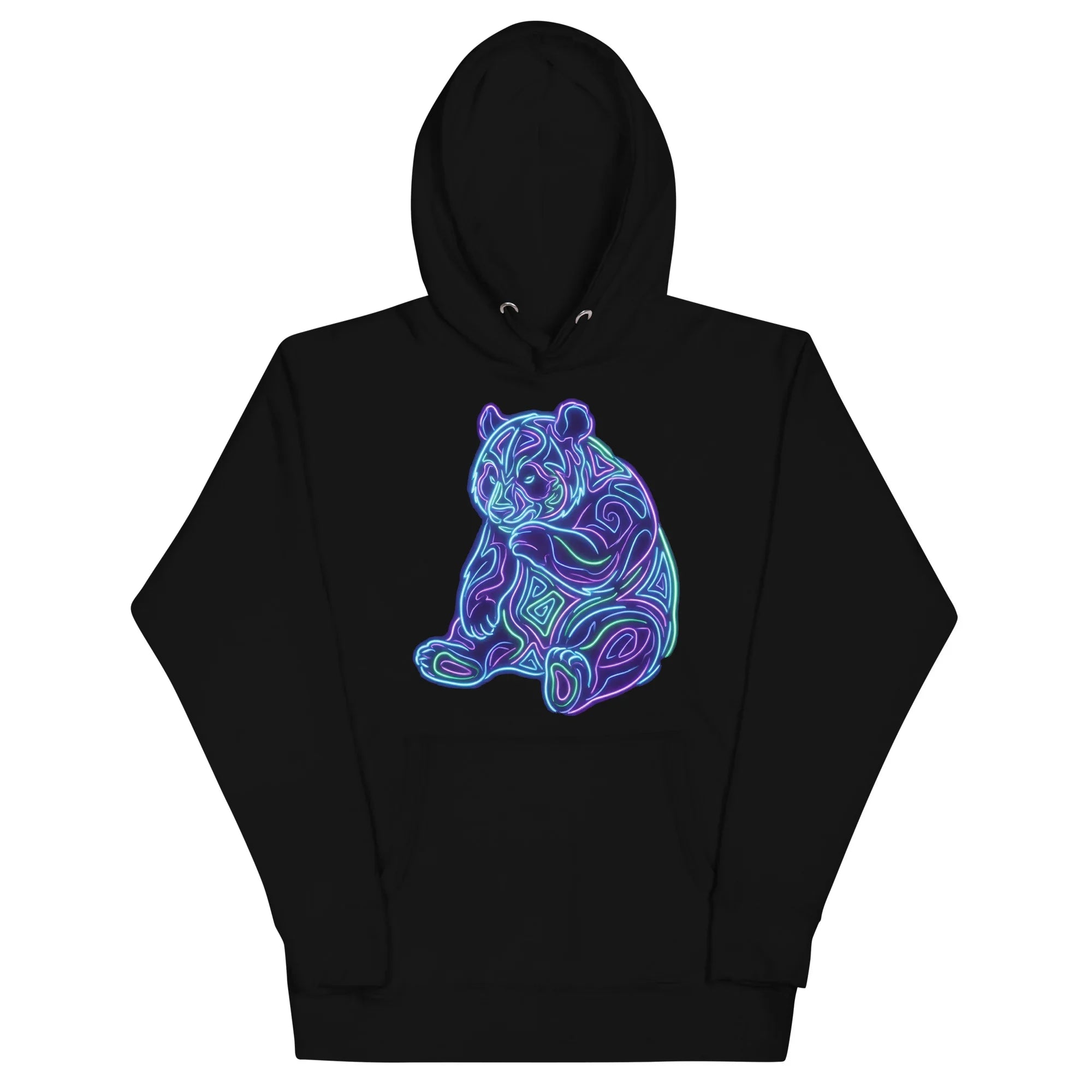 Black unisex premium pullover hoodie with neon blue and purple psychedelic outlined bear design