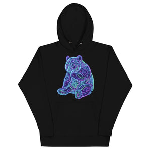 Black unisex premium pullover hoodie with neon blue and purple psychedelic outlined bear design
