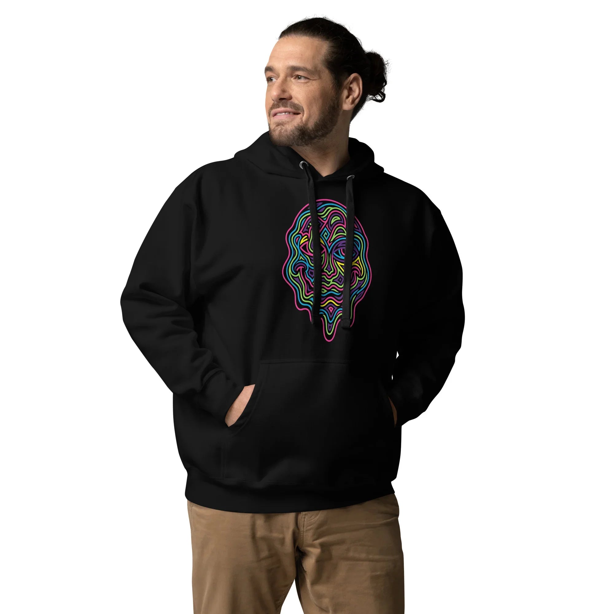 Man wearing black premium pullover hoodie with colorful psychedelic melting face design, beige pants