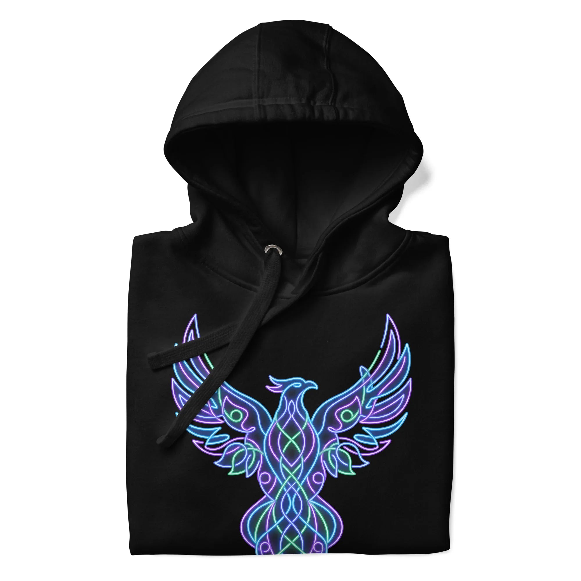 Black unisex premium pullover hoodie with vibrant neon blue and purple psychedelic phoenix design on front
