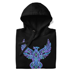 Black unisex premium pullover hoodie with vibrant neon blue and purple psychedelic phoenix design on front