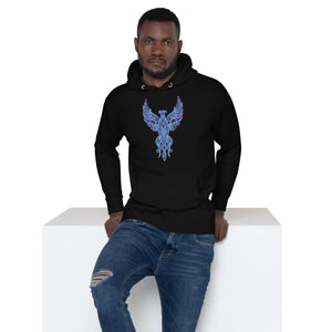 Man wearing black unisex premium pullover hoodie with neon psychedelic phoenix design, paired with ripped blue jeans