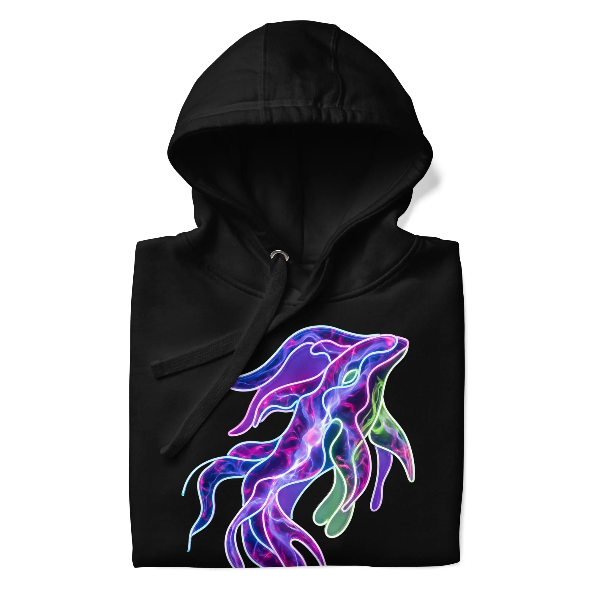 Black unisex premium hoodie with vibrant neon psychedelic squid design on front from Mad Lad Designs