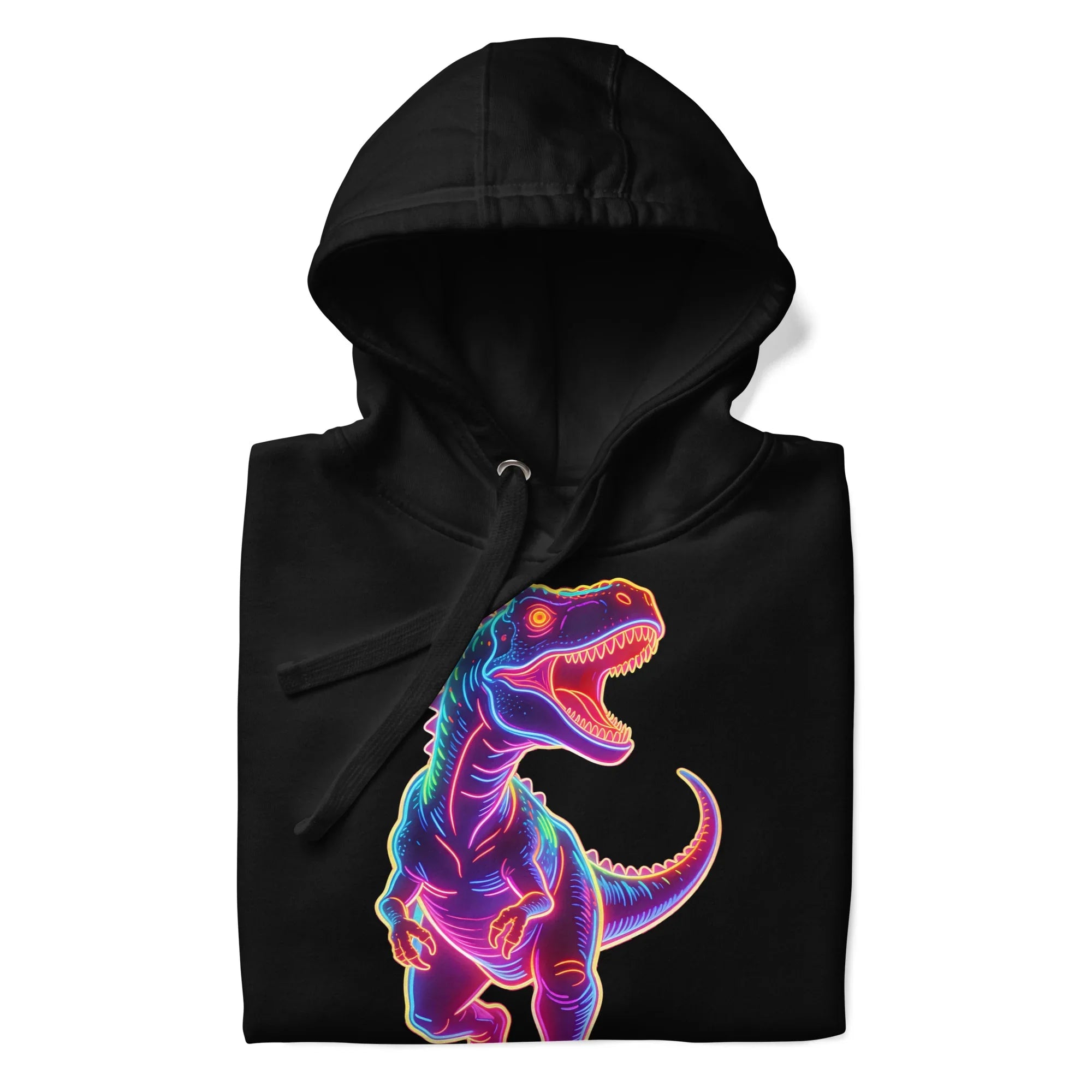 Black hoodie with neon colorful T-Rex dinosaur graphic, premium unisex pullover sweatshirt