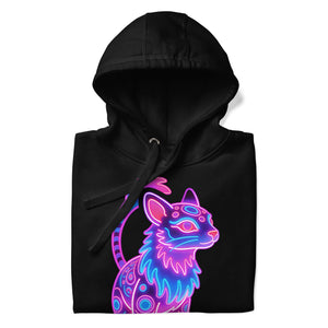 Black unisex premium pullover hoodie with neon pink and blue glowing cat design
