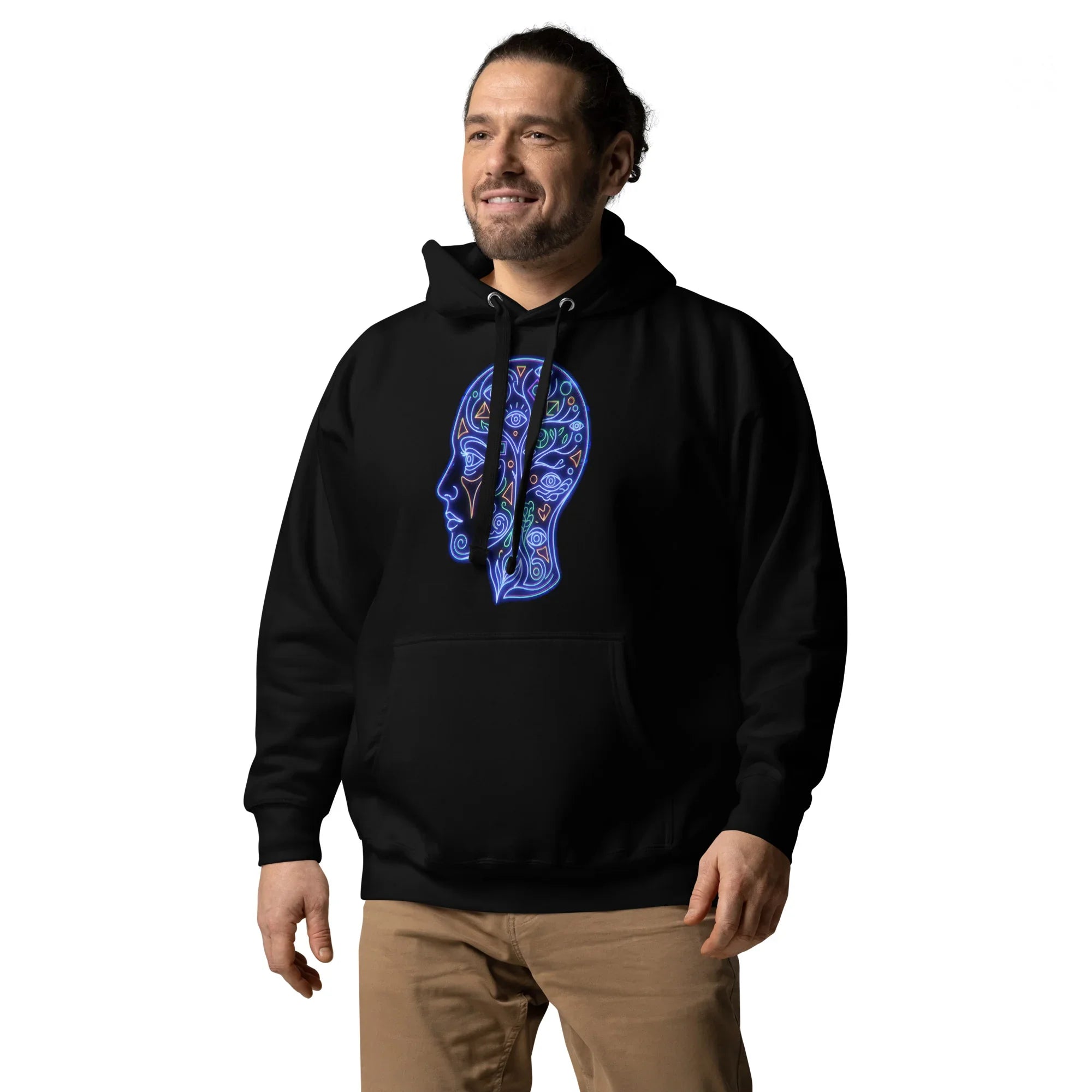 Man wearing black Cotton Heritage unisex premium pullover hoodie with neon blue psychedelic head design