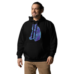 Man wearing black unisex premium pullover hoodie with neon psychedelic bear design, styled with khaki pants