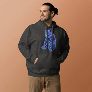 Man wearing charcoal heather hoodie with neon psychedelic bear design, casual streetwear style