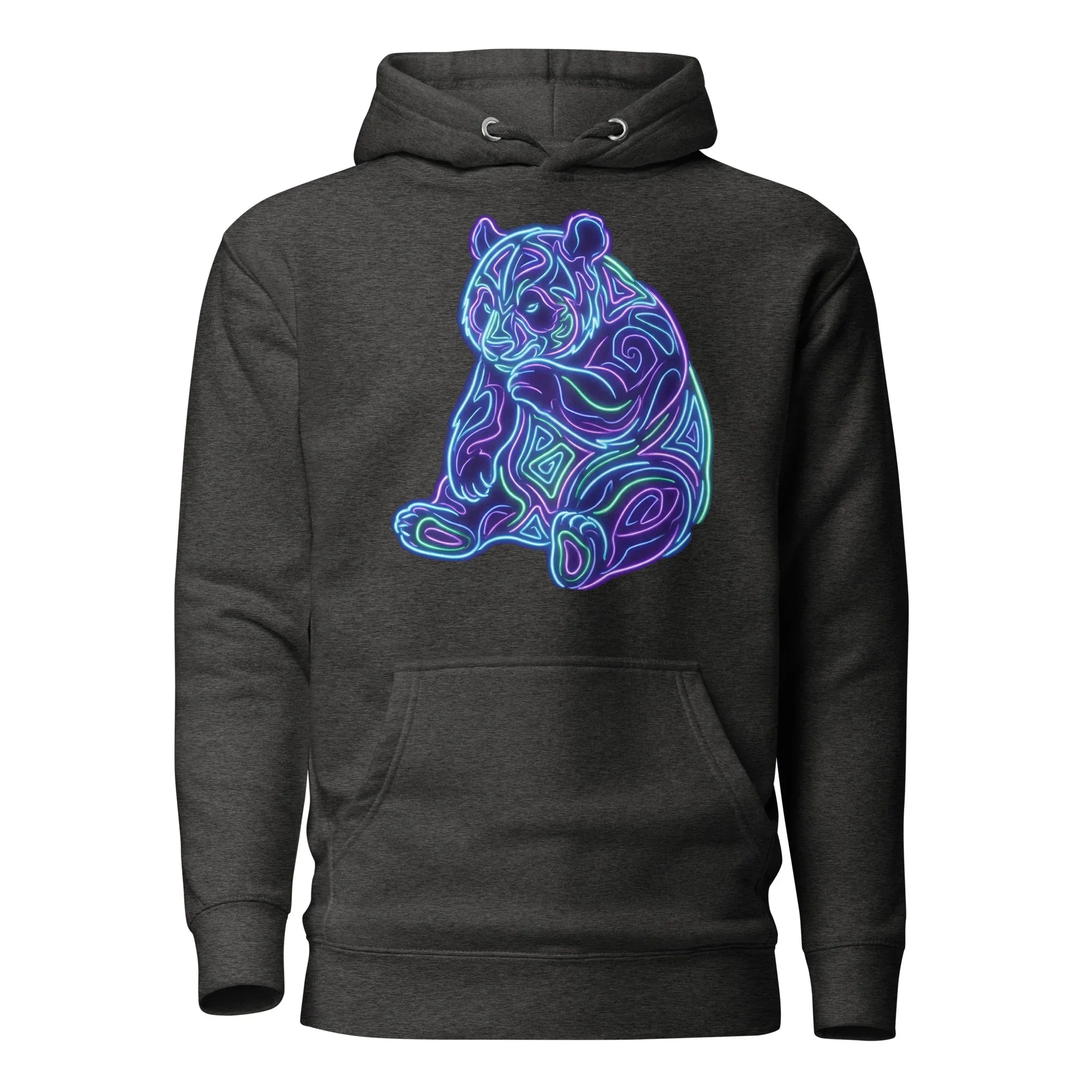 Charcoal heather unisex premium pullover hoodie with vibrant neon psychedelic bear design Mad Lad Designs
