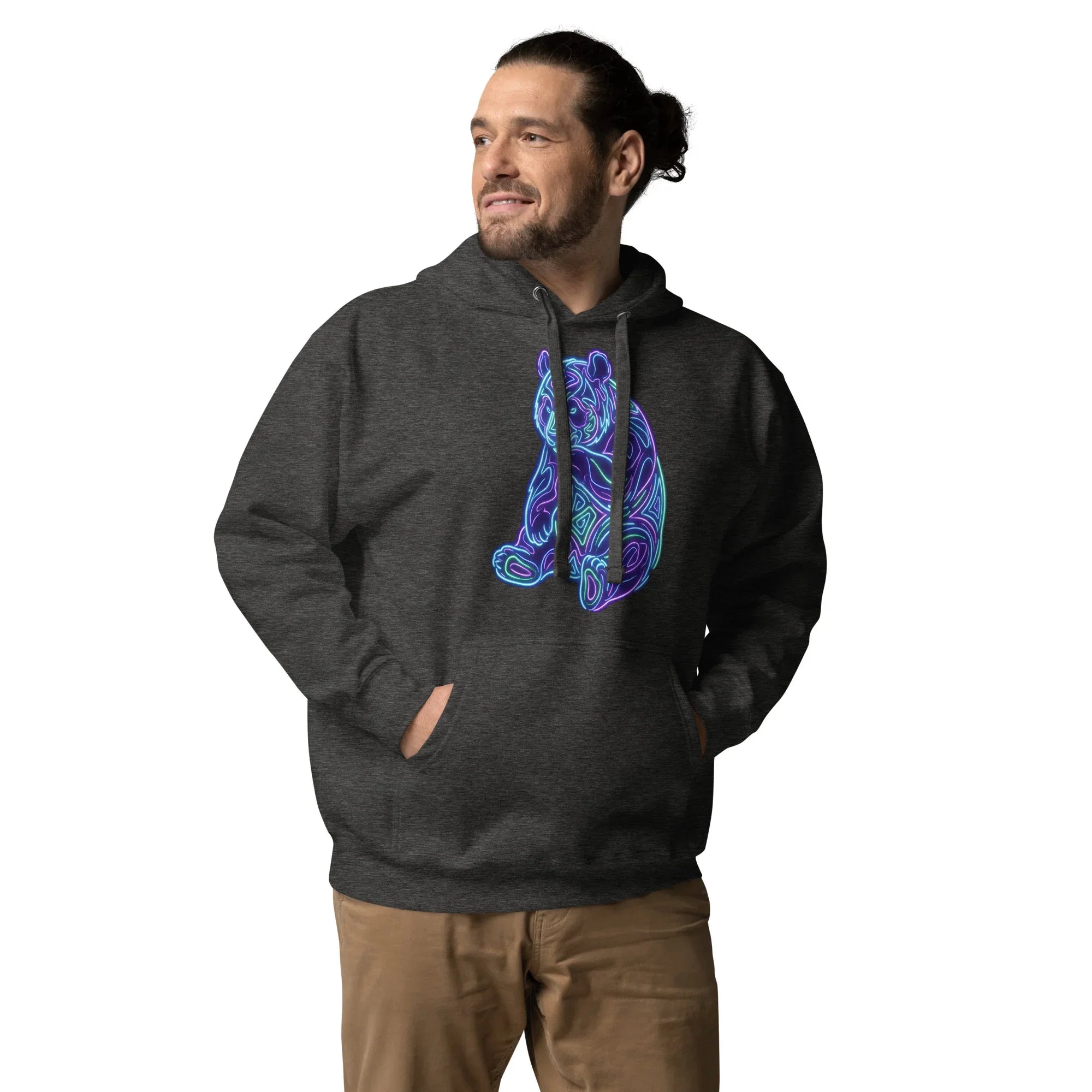 Man wearing charcoal heather unisex premium pullover hoodie with vibrant neon psychedelic bear design