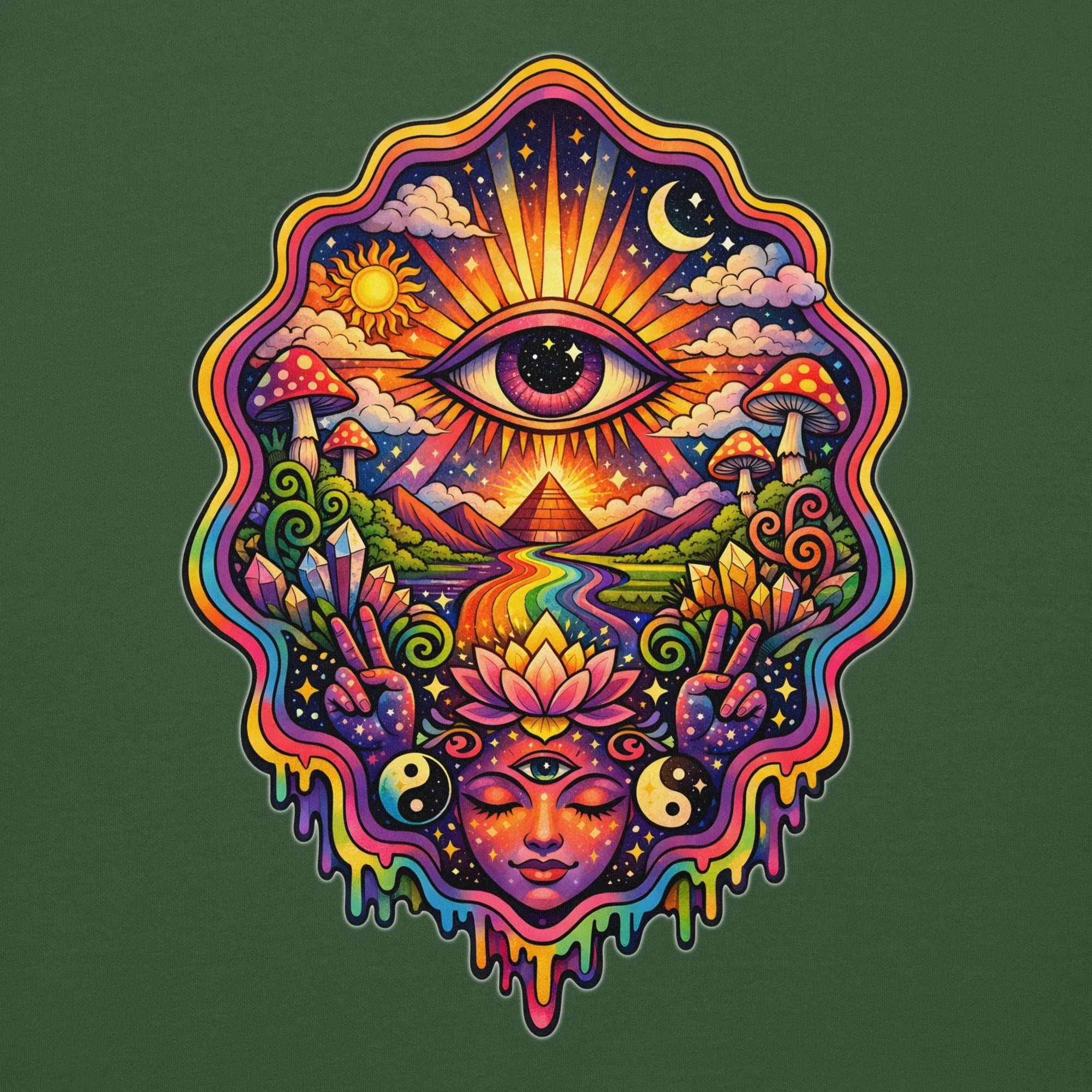 psychedelic artwork with an all-seeing eye, colorful lotus, mushrooms, crystals, yin-yang symbols, and a meditating face on forest green background