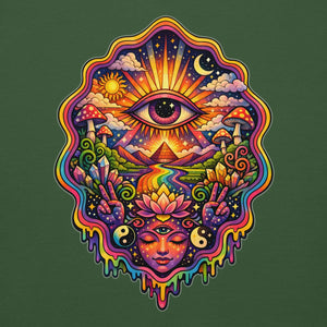 psychedelic artwork with an all-seeing eye, colorful lotus, mushrooms, crystals, yin-yang symbols, and a meditating face on forest green background