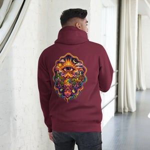 Maroon unisex premium pullover hoodie with vibrant psychedelic eye and lotus design on back, worn by man indoors